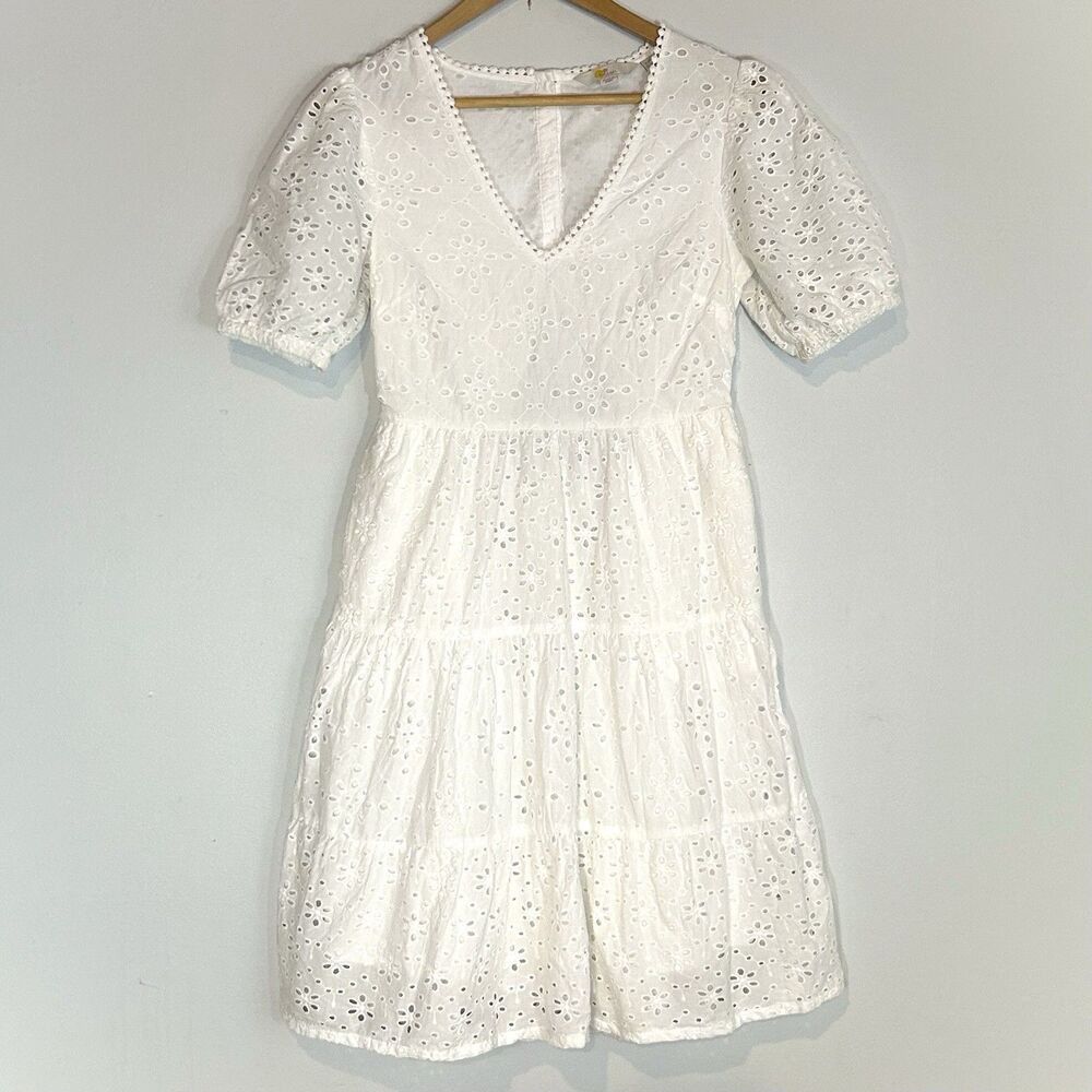 Boden White Eyelet Cotton Mini Dress Open Back Cutout Cottagecore US 2 UK 6